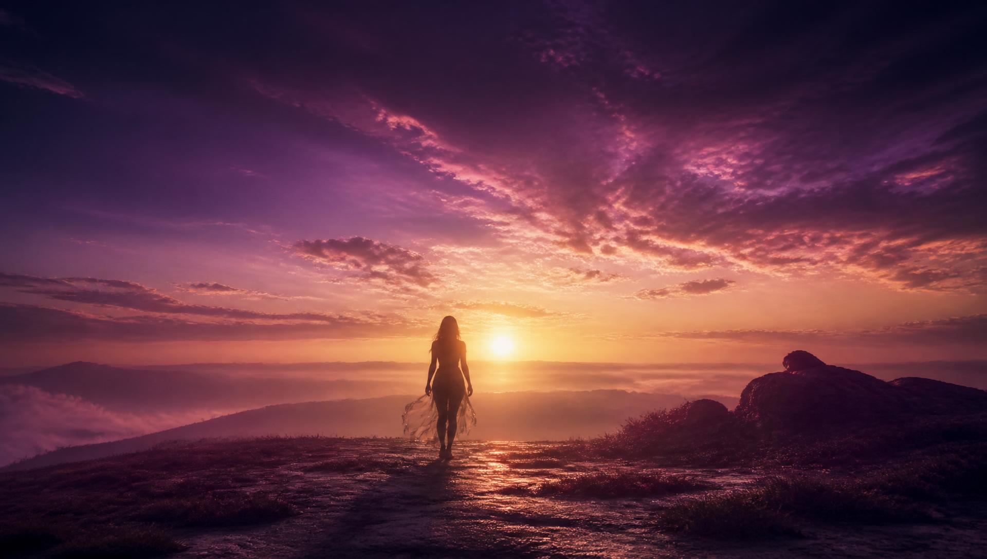 Woman walking toward sunrise